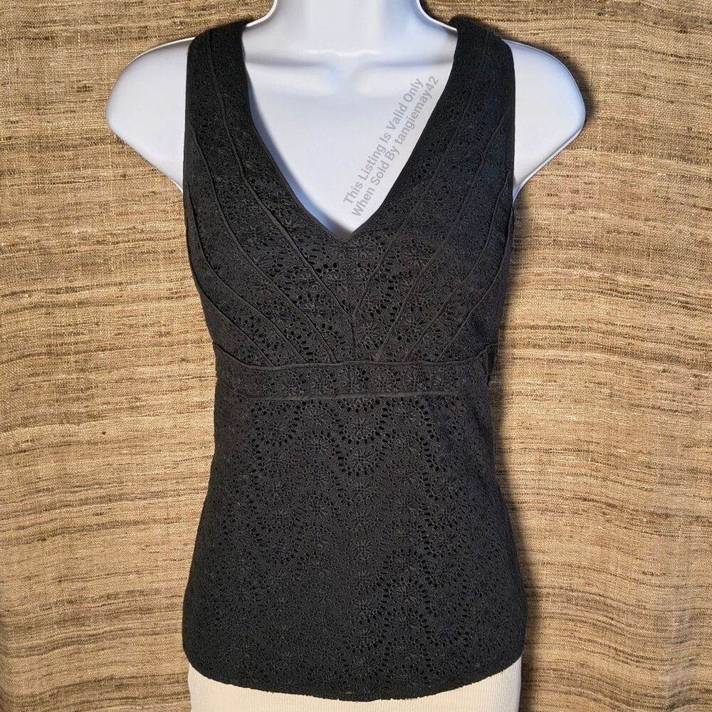 Ann Taylor Black Cotton Eyelet Lace  Top